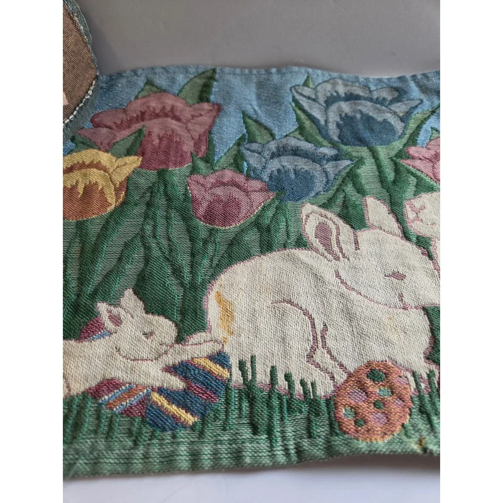 Vintage Woven Tapestry Easter Bunny Tulip Placemat Spring Decor Set of Two